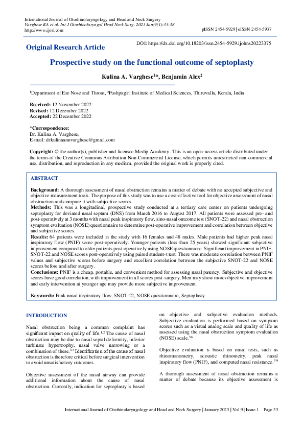 (PDF) Prospective study on the functional outcome of septoplasty