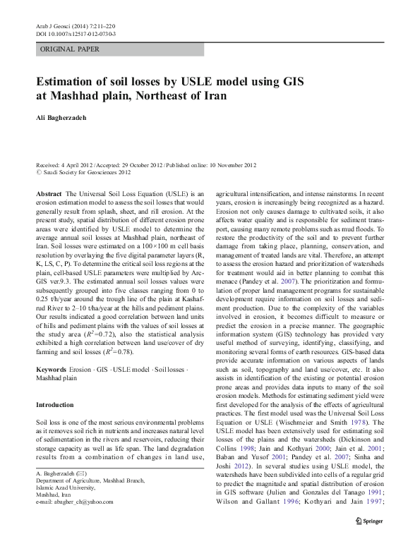(PDF) Estimation of soil losses by USLE model using GIS at Mashhad ...