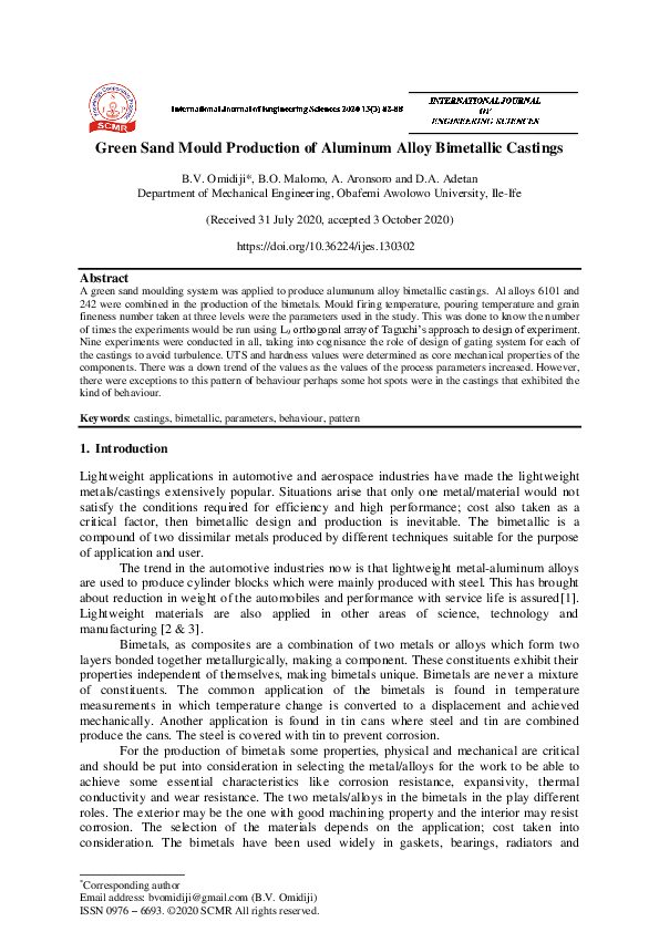 (PDF) Green Sand Mould Production of Aluminum Alloy Bimetallic Castings