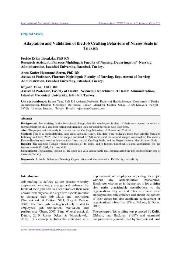 (PDF) Adaptation and Validation of the Job Crafting Behaviors of Nurses ...