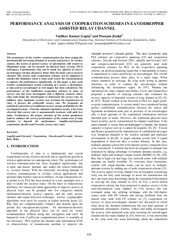 (PDF) Performance Analysis of Cooperation Schemes in Eavesdropper ...