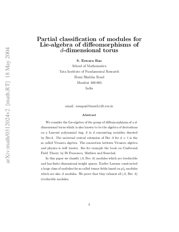 (PDF) Partial classification of modules for Lie-algebra of ...