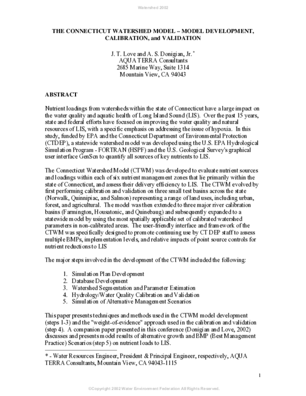 (PDF) THE CONNECTICUT WATERSHED MODEL – MODEL DEVELOPMENT, CALIBRATION ...