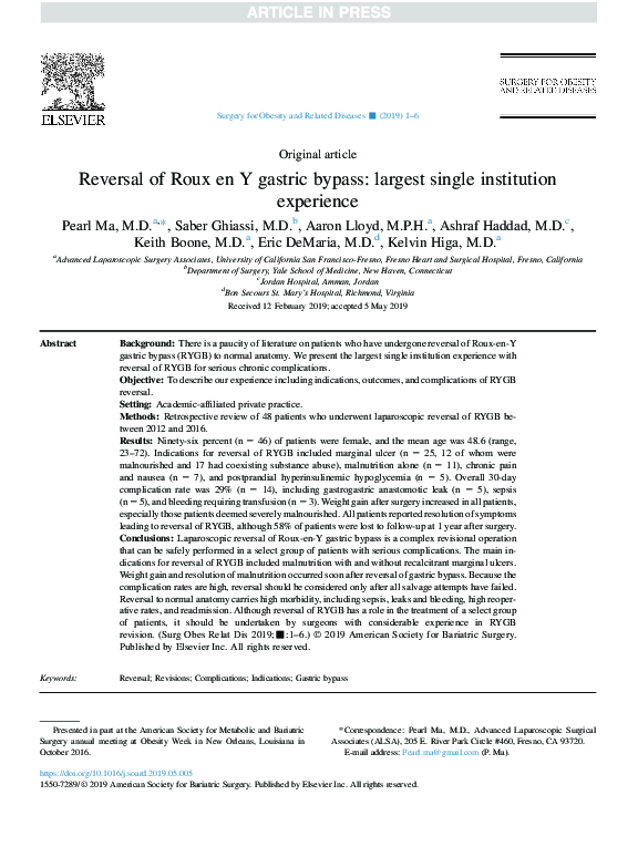 (PDF) Reversal of Roux en Y gastric bypass: largest single institution ...