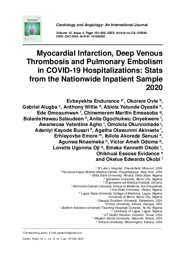 (PDF) Myocardial Infarction, Deep Venous Thrombosis and Pulmonary ...