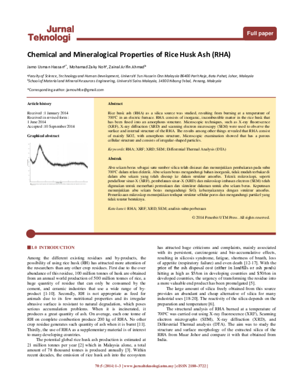 (PDF) Chemical and Mineralogical Properties of Rice Husk Ash (RHA)