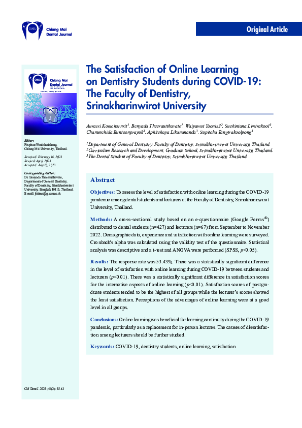 (PDF) The Satisfaction of Online Learning on Dentistry Students during ...