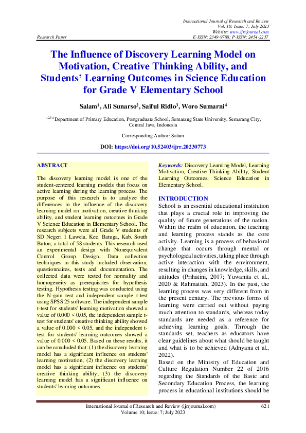 (PDF) The Influence of Discovery Learning Model on Motivation, Creative ...