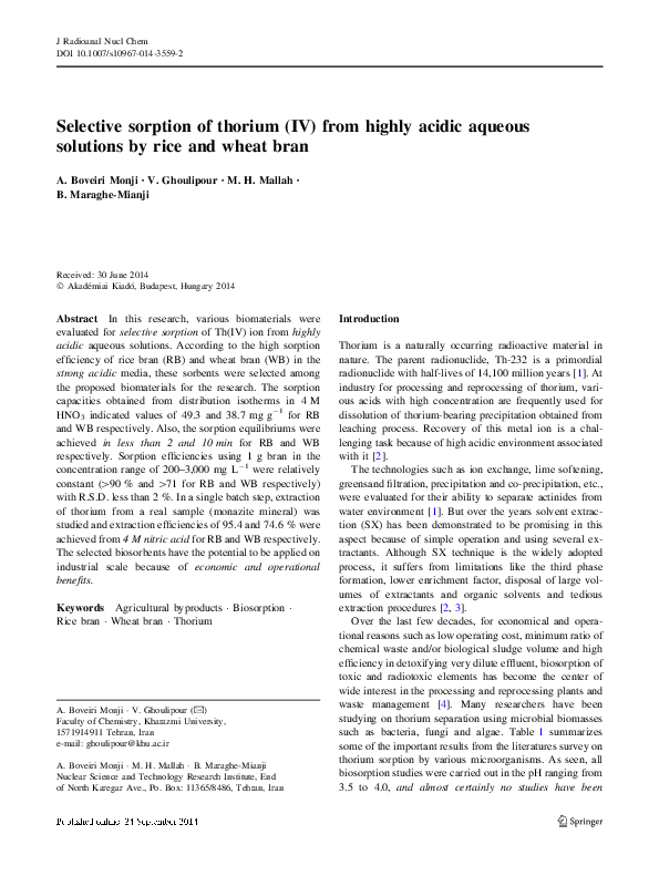 (PDF) Selective sorption of thorium (IV) from highly acidic aqueous ...