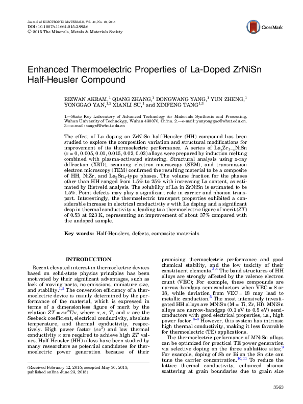 (PDF) Enhanced Thermoelectric Properties of La-Doped ZrNiSn Half ...