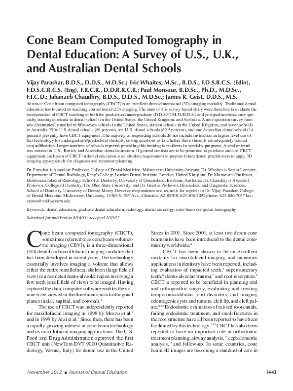 (PDF) Cone Beam Computed Tomography in Dental Education: A Survey of U ...