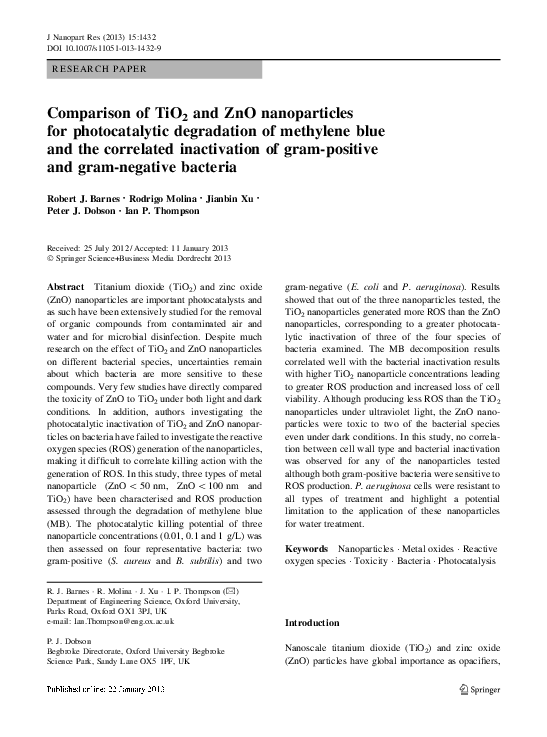 (PDF) Comparison of TiO2 and ZnO nanoparticles for photocatalytic ...