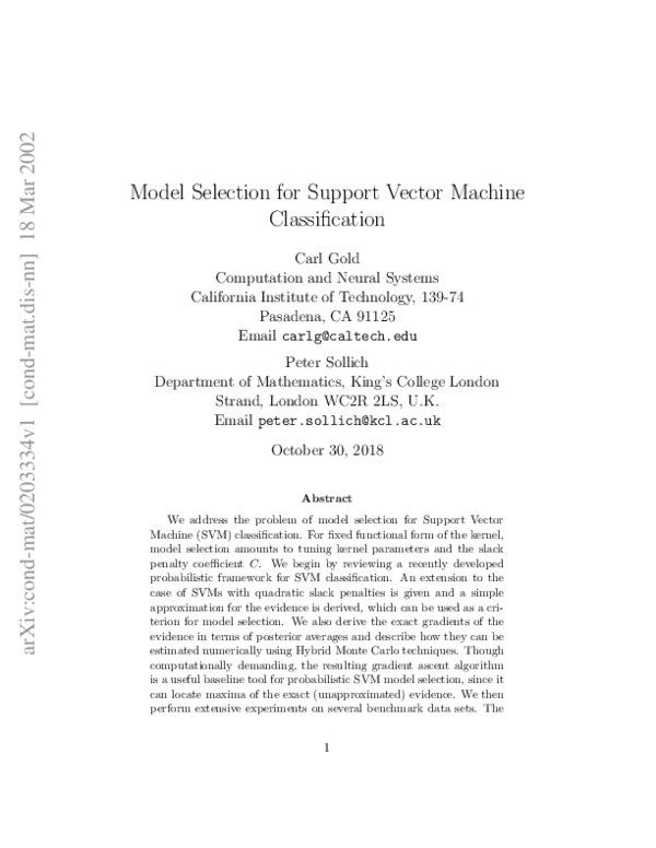 (PDF) Model selection for support vector machine classification | Carl ...