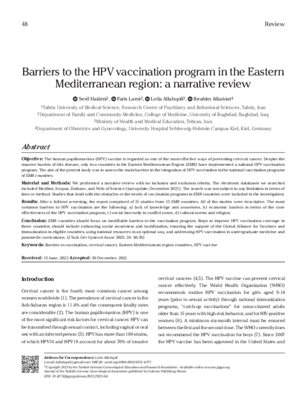(PDF) Barriers to the HPV vaccination program in the Eastern ...