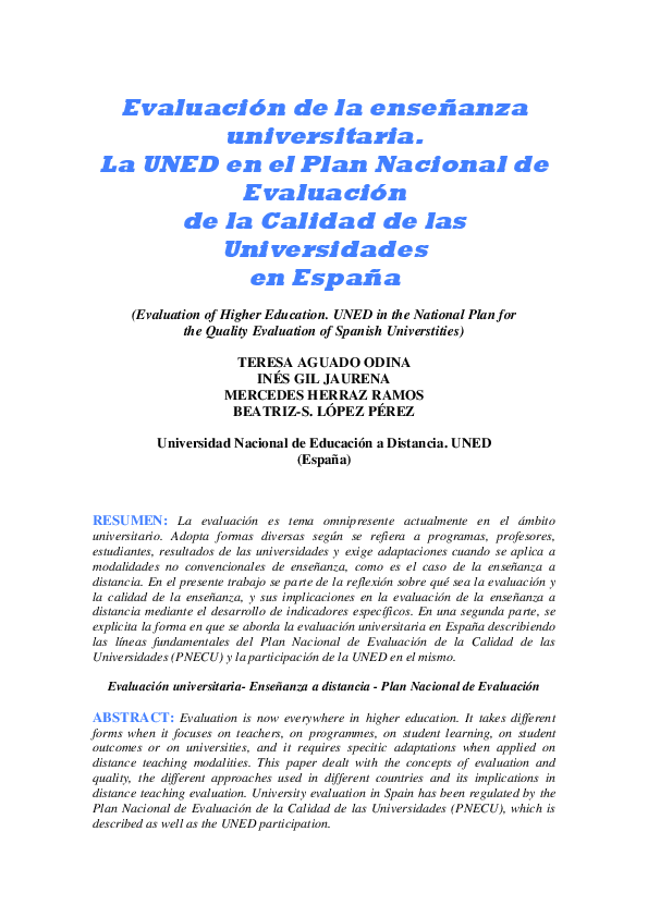 (PDF) Evaluación de la Enseñanza Universitaria: La UNED en el Plan ...