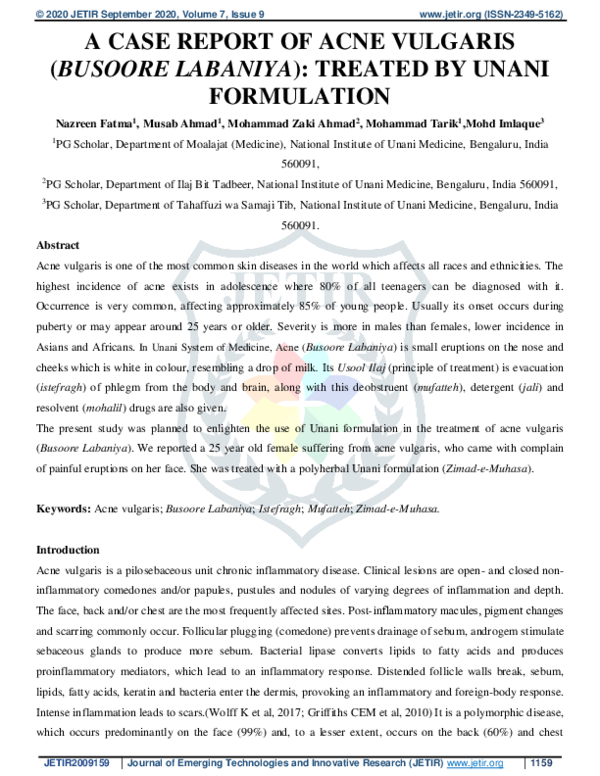 (PDF) A Case Report of Acne Vulgaris (Busoore Labaniya): Treated by ...