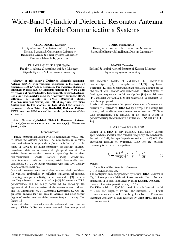 (PDF) Wide-Band Cylindrical Dielectric Resonator Antenna for Mobile ...