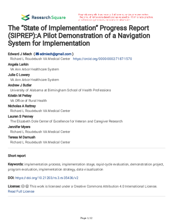 (PDF) The “State of Implementation” Progress Report (SIPREP):A Pilot ...