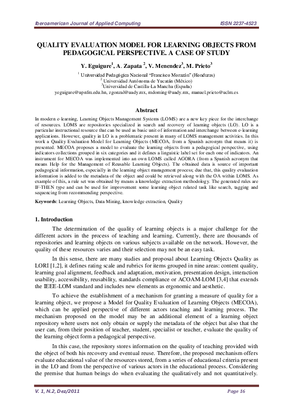 (PDF) Quality Evaluation Model for Learning Objects from a pedagogical ...