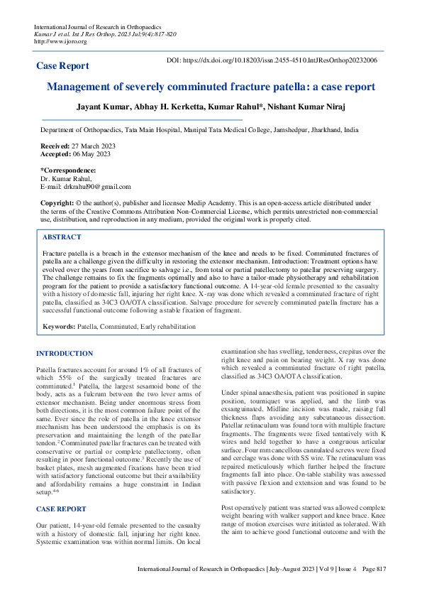 (PDF) Management of severely comminuted fracture patella: a case report