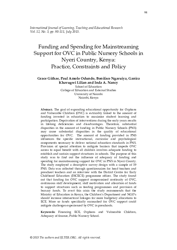Funding and Spending for Mainstreaming Support for OVC in Public Nursery Schools in Nyeri Country, Kenya: Practice, Constraints and Policy