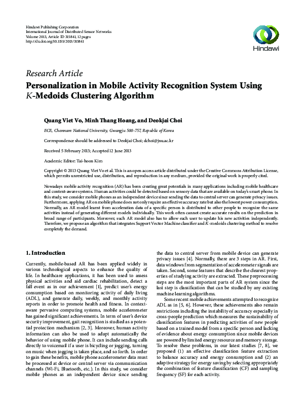 (PDF) Personalization in Mobile Activity Recognition System Using K ...