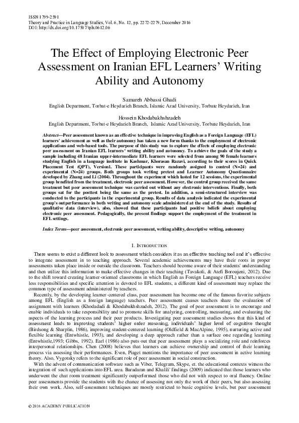 (PDF) The Effect of Employing Electronic Peer Assessment on Iranian EFL ...