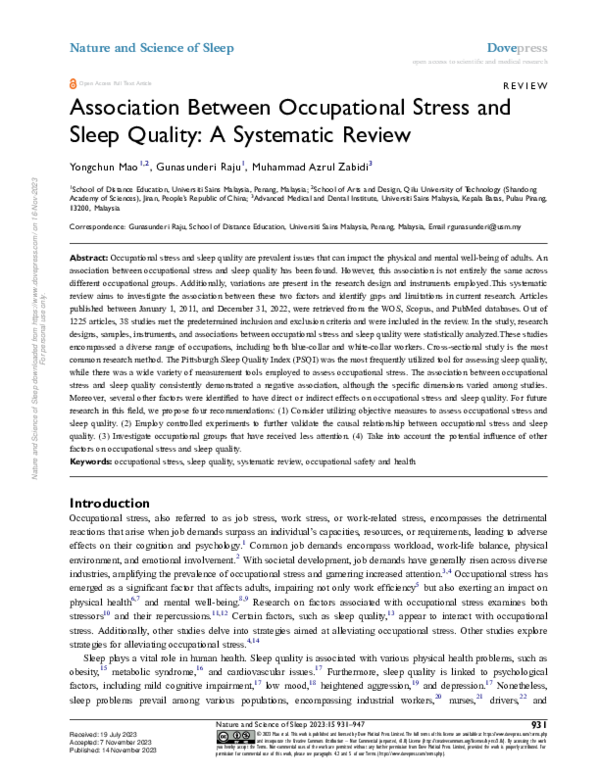 (PDF) Association Between Occupational Stress and Sleep Quality: A ...