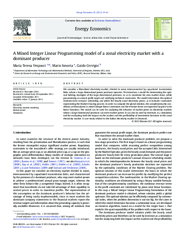 (PDF) A Mixed Integer Linear Programming model of a zonal electricity ...