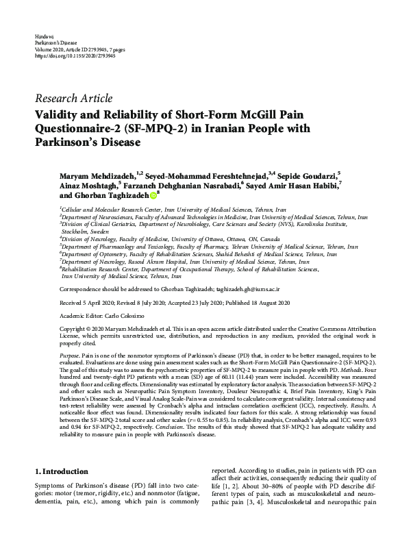 Validity and Reliability of Short-Form McGill Pain Questionnaire-2 (SF-MPQ-2) in Iranian People with Parkinson’s Disease