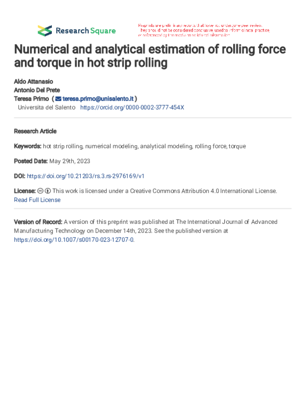 (PDF) Numerical and analytical estimation of rolling force and torque ...