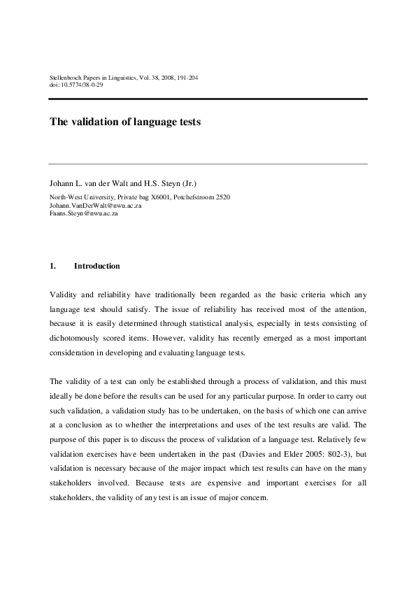 (PDF) The validation of language tests