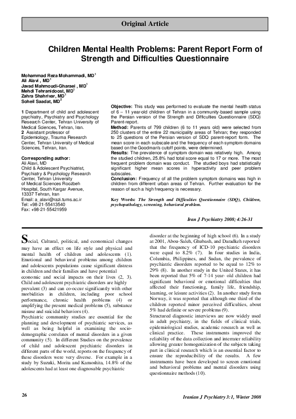 (PDF) Children Mental Health Problems: Parent Report Form of Strength ...