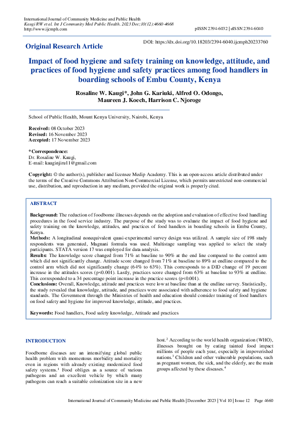 (PDF) Impact of food hygiene and safety training on knowledge, attitude ...