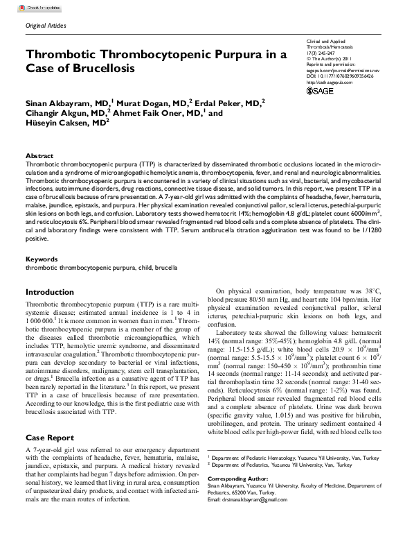 (PDF) Thrombotic Thrombocytopenic Purpura in a Case of Brucellosis