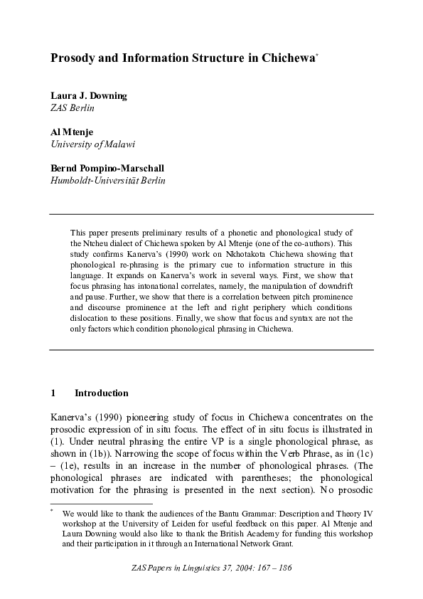 (PDF) Prosody and information structure in Chichewa