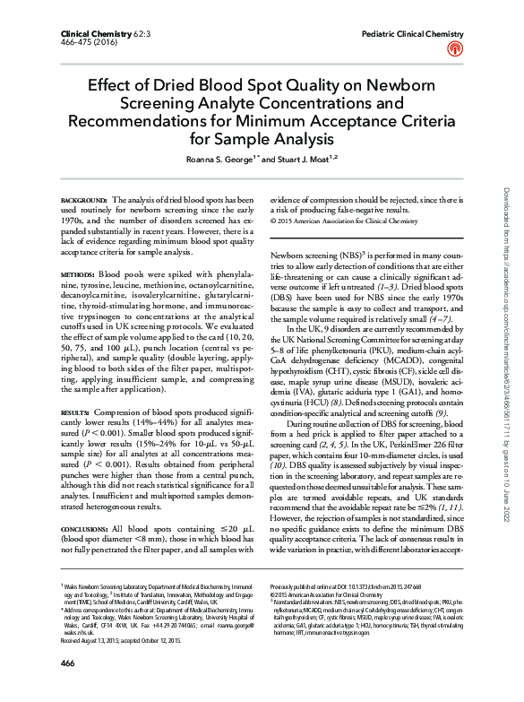 (PDF) Effect of Dried Blood Spot Quality on Newborn Screening Analyte ...