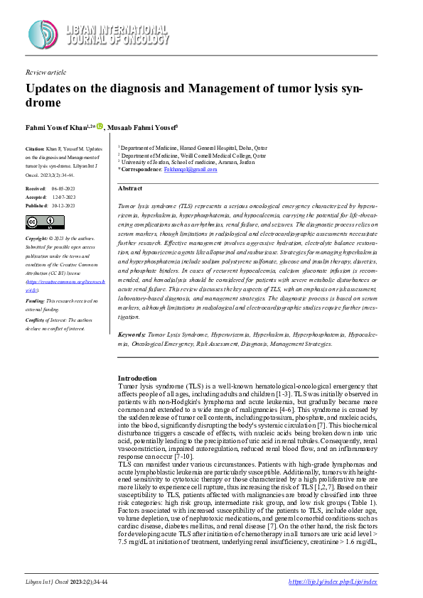(PDF) Updates on the diagnosis and Management of tumor lysis syndrome