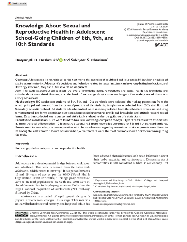 (PDF) Knowledge About Sexual and Reproductive Health in Adolescent ...