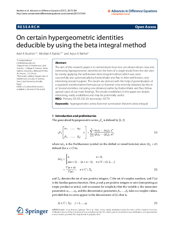 (PDF) On certain hypergeometric identities deducible by using the beta ...