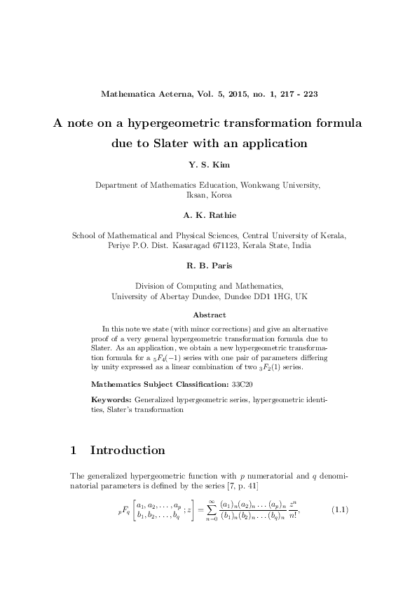 (PDF) A note on a hypergeometric transformation formula due to Slater ...