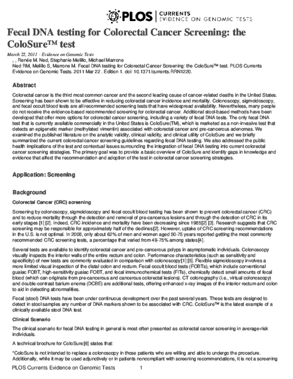 (PDF) Fecal DNA testing for Colorectal Cancer Screening: the ColoSure™ test