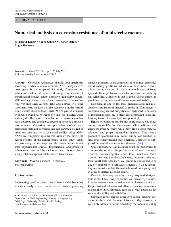 (PDF) Numerical analysis on corrosion resistance of mild steel structures