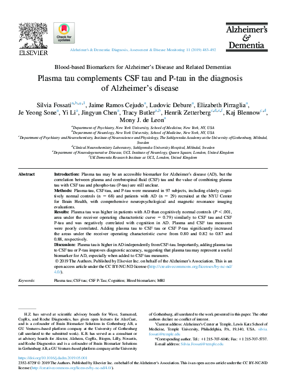 (PDF) Plasma tau complements CSF tau and P‐tau in the diagnosis of ...
