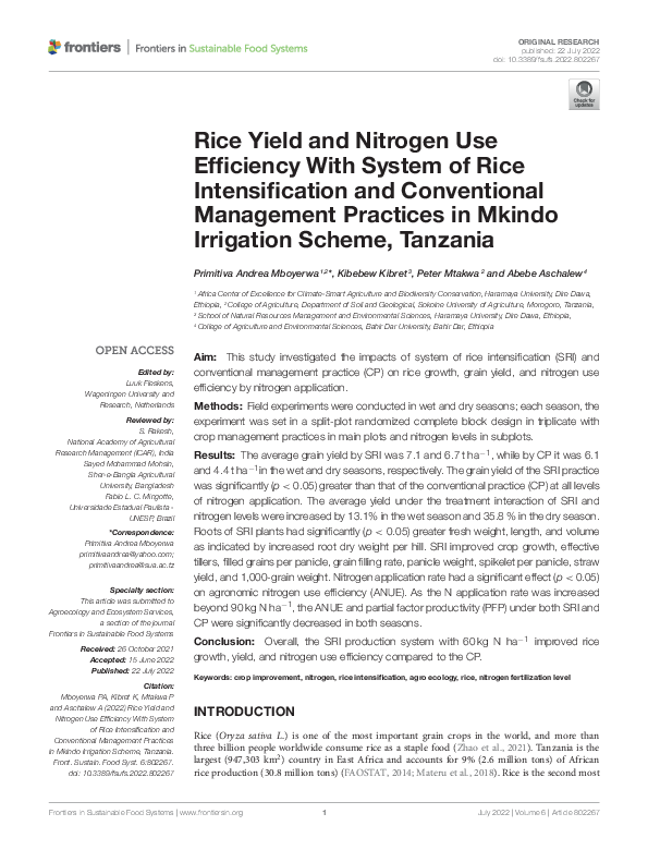 (PDF) Rice Yield and Nitrogen Use Efficiency With System of Rice ...