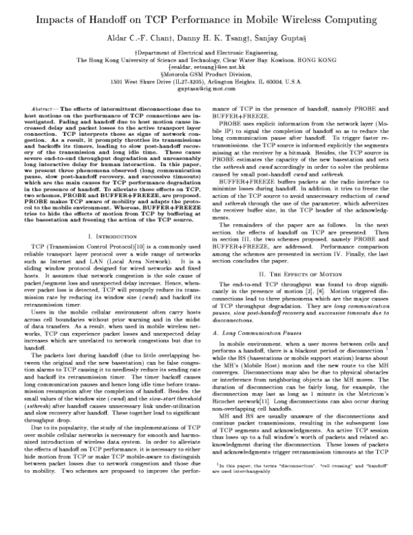 (PDF) Impacts of handoff on TCP performance in mobile wireless computing