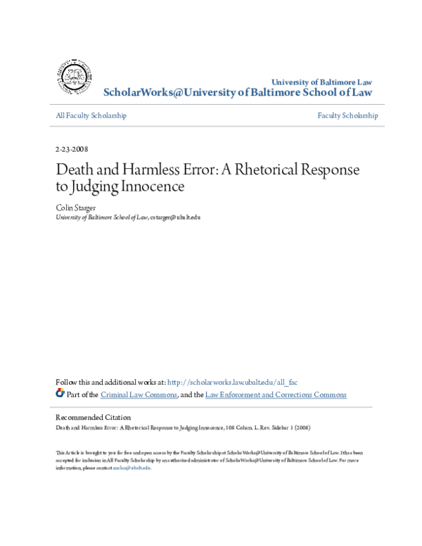 (PDF) Death and Harmless Error: A Rhetorical Response to Judging Innocence