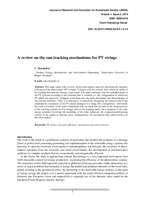 (PDF) A Review on the Sun Tracking Mechanisms for PV Strings