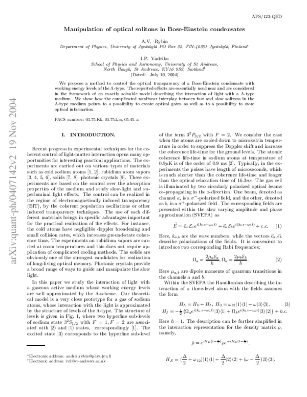 (PDF) Manipulation of optical solitons in Bose–Einstein condensates ...