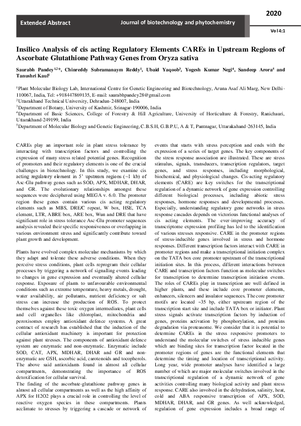 (PDF) Insilico Analysis of cis acting Regulatory Elements CAREs in ...